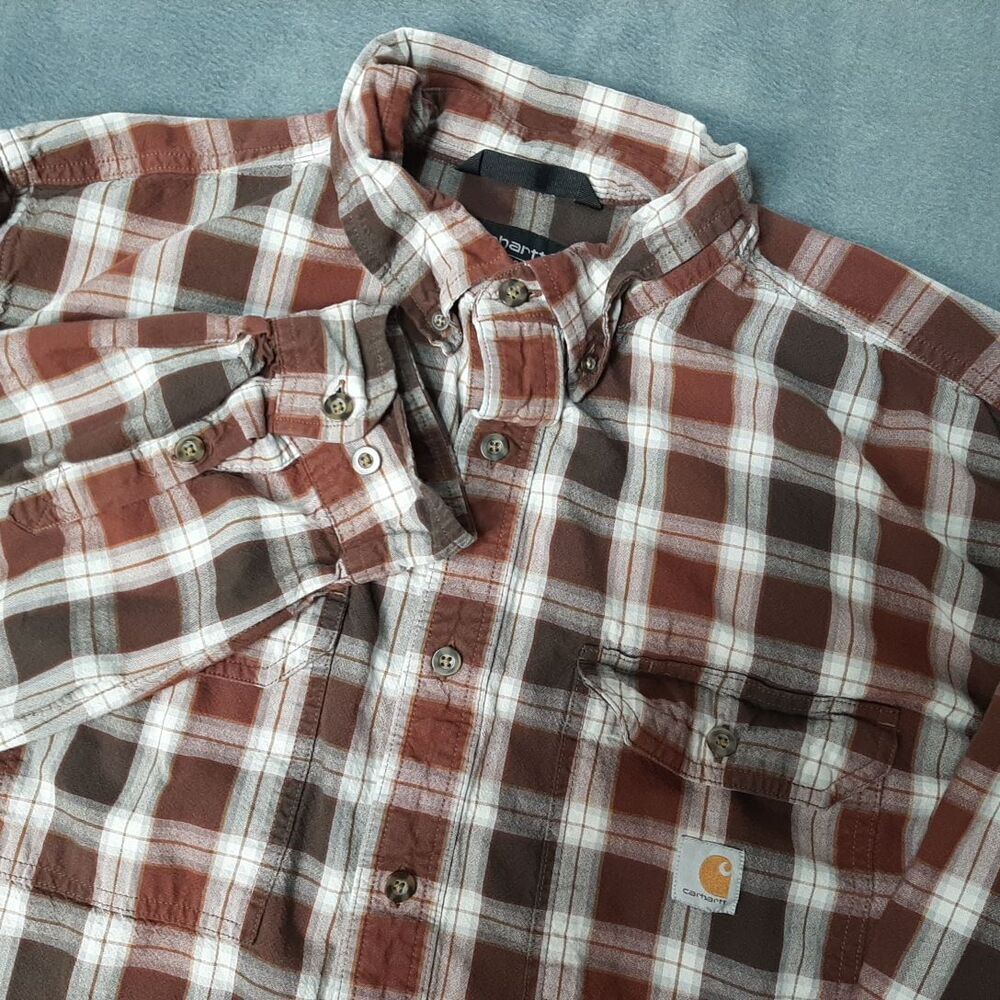 Carhartt Shirt Mens 2XL XXL Red Gray Check Plaid Loose Fit Button Down Pocket